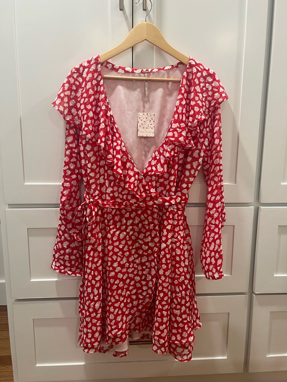 Free People Red and White Floral Wrap Long Sleeve Dress